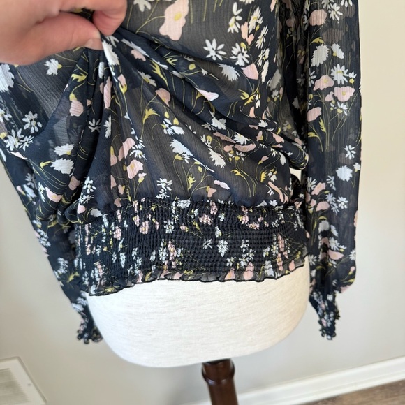 Zara Basics Sheer Floral Ruffle Neck Blouse - Smock Waist and Cuffs - Picture 4 of 9